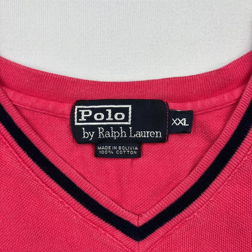 Vintage 90s Polo Ralph Lauren Mens XXL Pink Tipped V Neck Pique Cotton T Shirt